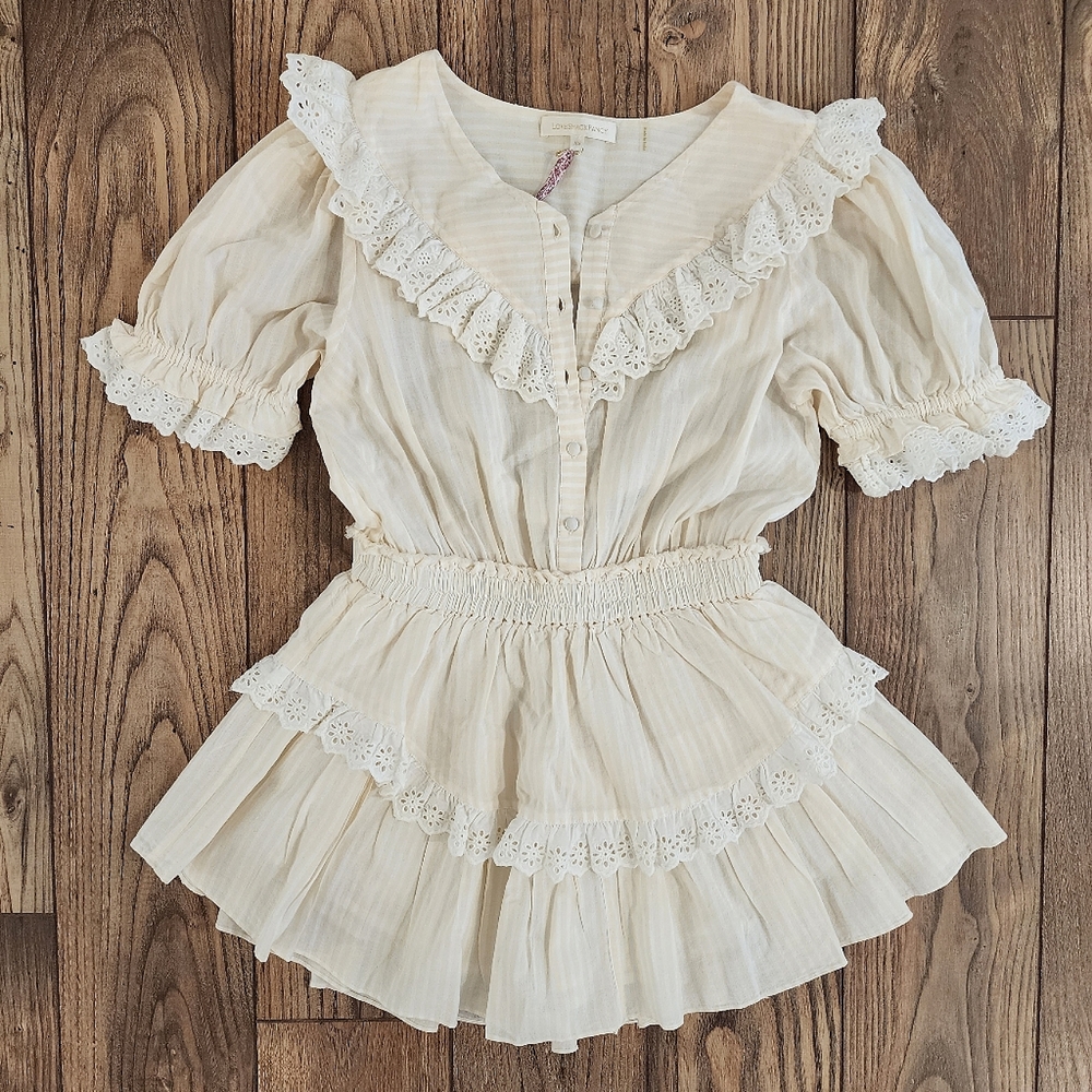 NWT LSF Nanette Ruffle Eyelet Cream Striped Short Mini Dress 100% Cotton V Neck